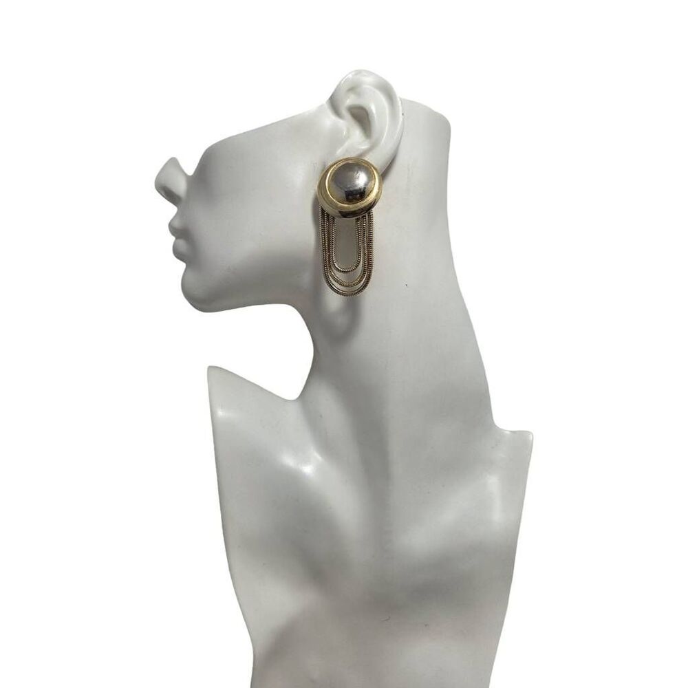 Vintage Gold Tone Chain Drape Clip-On Earrings Statement 2.54"